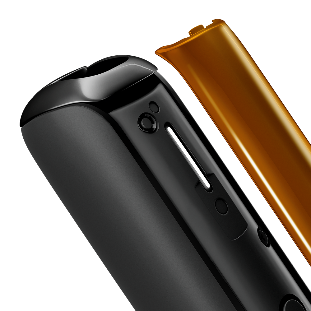 Κοντινό καλύμματος πρόσοψης Ploom AURA με απόσπαση από την συσκευή σε χρώμα Mango Sorbet
