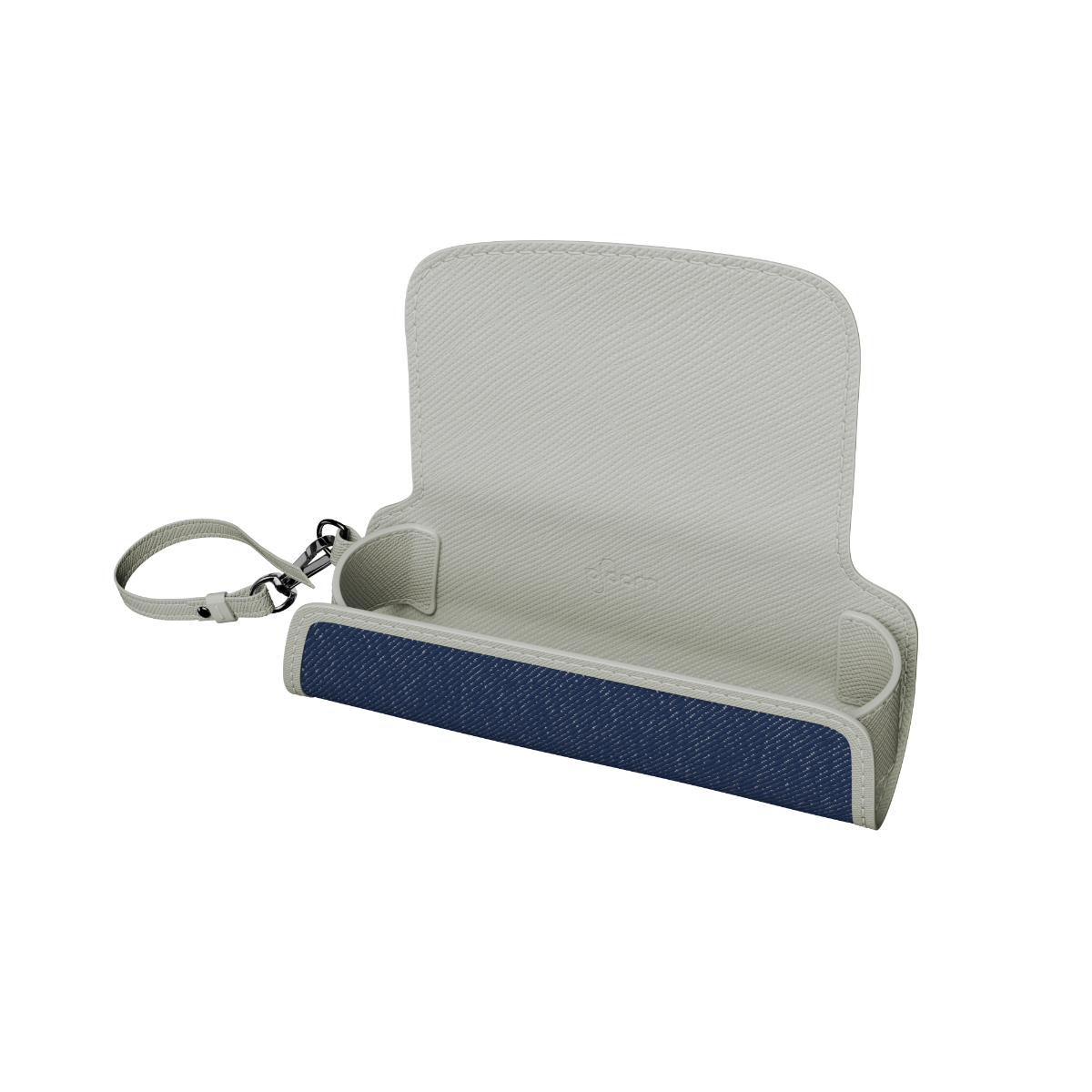 Πλευρική όψη μιας κενής και ανοιχτής θήκης μεταφοράς Denim Leather
